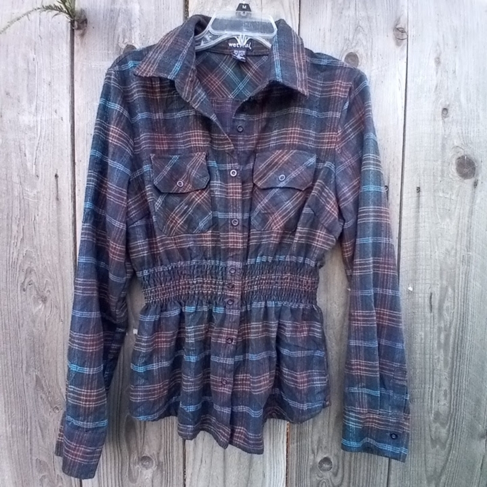 Wet Seal Long Sleeve Women Shirt XL Plaid Button Peplum Smocked Waist Collared
